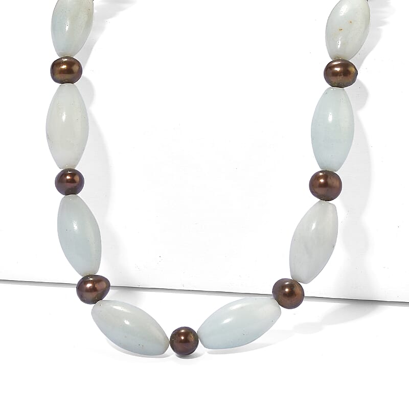 EverTrue Amazonite 204.70 ctw and Burgundy Freshwater Pearl Necklace in Platinum Bond 18-19 Inches