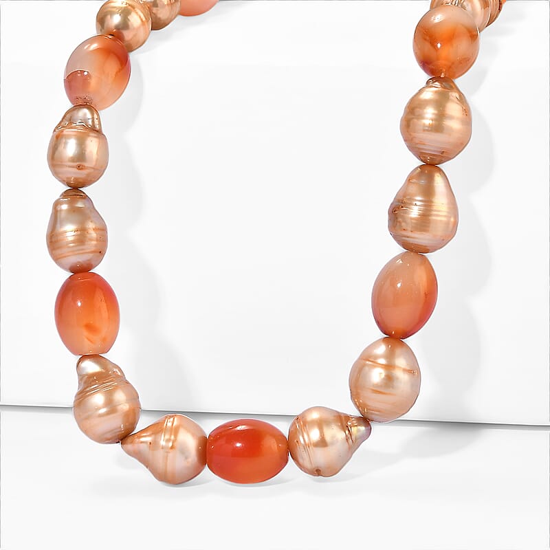 EverTrue Yellow Pearl (D) and Carnelian 140.00 ctw Necklace in Platinum Bond 18-19 Inches