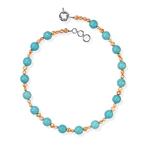 EverTrue Blue Howlite and Brown Pearl (D) 60.00 ctw Necklace in Platinum Over 18-19 Inches