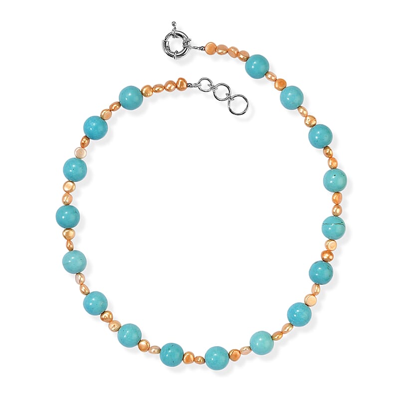 EverTrue Blue Howlite and Brown Pearl (D) 60.00 ctw Necklace in Platinum Over 18-19 Inches