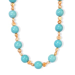 EverTrue Blue Howlite and Brown Pearl (D) 60.00 ctw Necklace in Platinum Over 18-19 Inches
