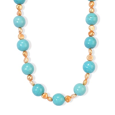 EverTrue Blue Howlite and Brown Pearl (D) 60.00 ctw Necklace in Platinum Over 18-19 Inches