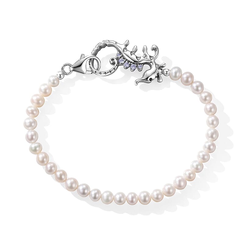 GP Trionfo Collection Artisan Crafted Freshwater Pearl and White Zircon 0.10 ctw Bracelet in Sterling Silver (7.25 In)