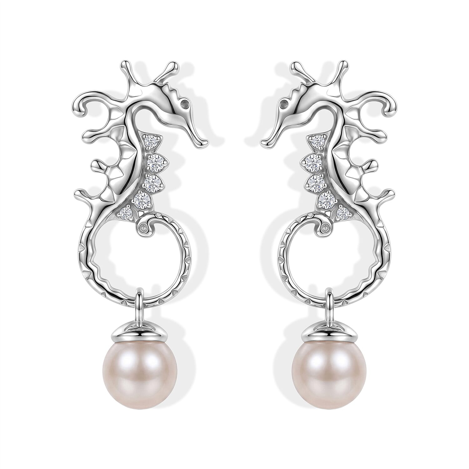 GP Trionfo Collection Artisan Crafted Freshwater Pearl and White Zircon 0.15 ctw Earrings in Sterling Silver