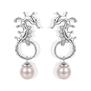GP Trionfo Collection Artisan Crafted Freshwater Pearl and White Zircon 0.15 ctw Earrings in Sterling Silver
