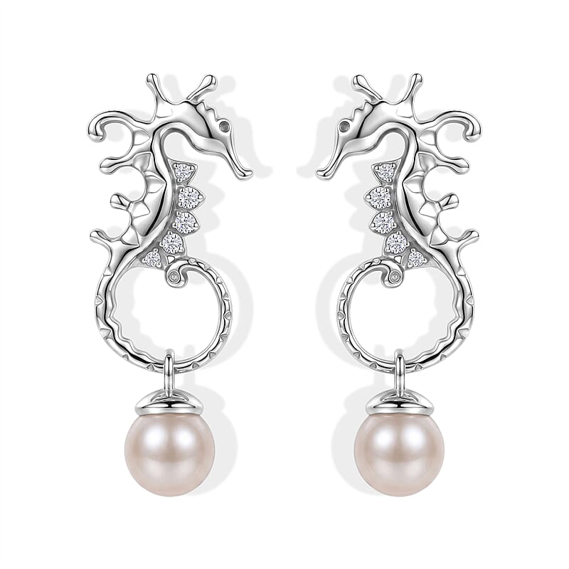 GP Trionfo Collection Artisan Crafted Freshwater Pearl and White Zircon 0.15 ctw Earrings in Sterling Silver