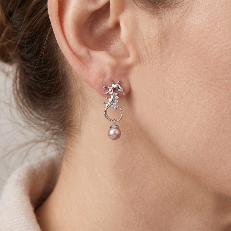 GP Trionfo Collection Artisan Crafted Freshwater Pearl and White Zircon 0.15 ctw Earrings in Sterling Silver