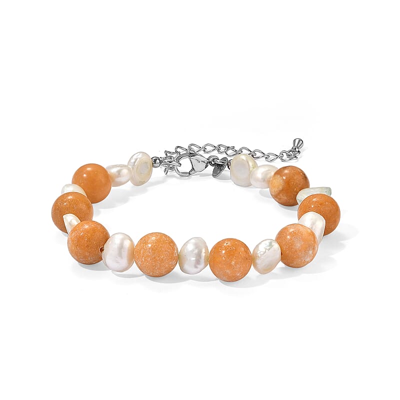 EverTrue Yellow Jasper and Gray Pearl 50.00 ctw Bracelet in Stainless Steel (7.25-9.25In)