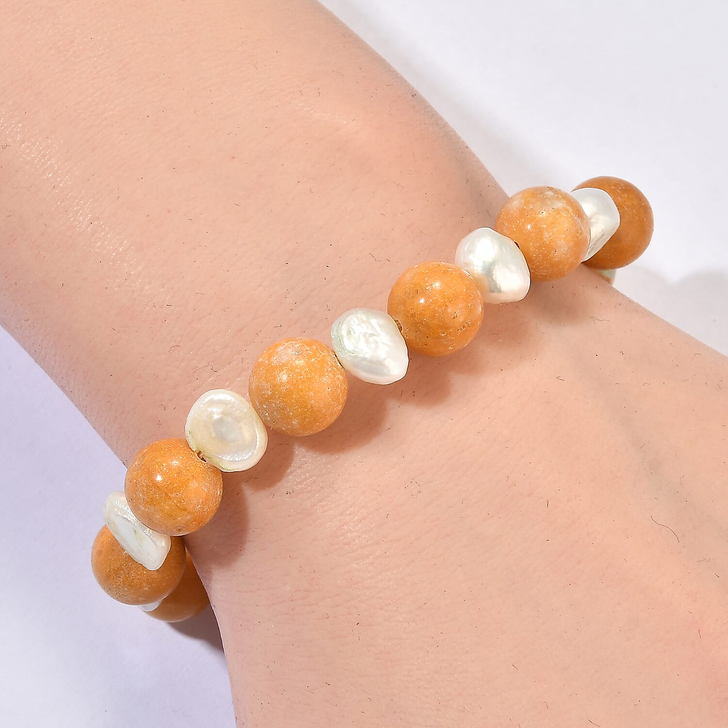 EverTrue Yellow Jasper and Gray Pearl 50.00 ctw Bracelet in Stainless Steel (7.25-9.25In)