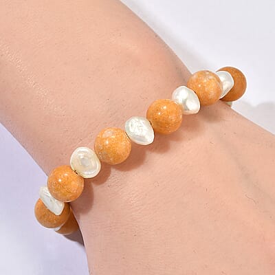 EverTrue Yellow Jasper and Gray Pearl 50.00 ctw Bracelet in Stainless Steel (7.25-9.25In)
