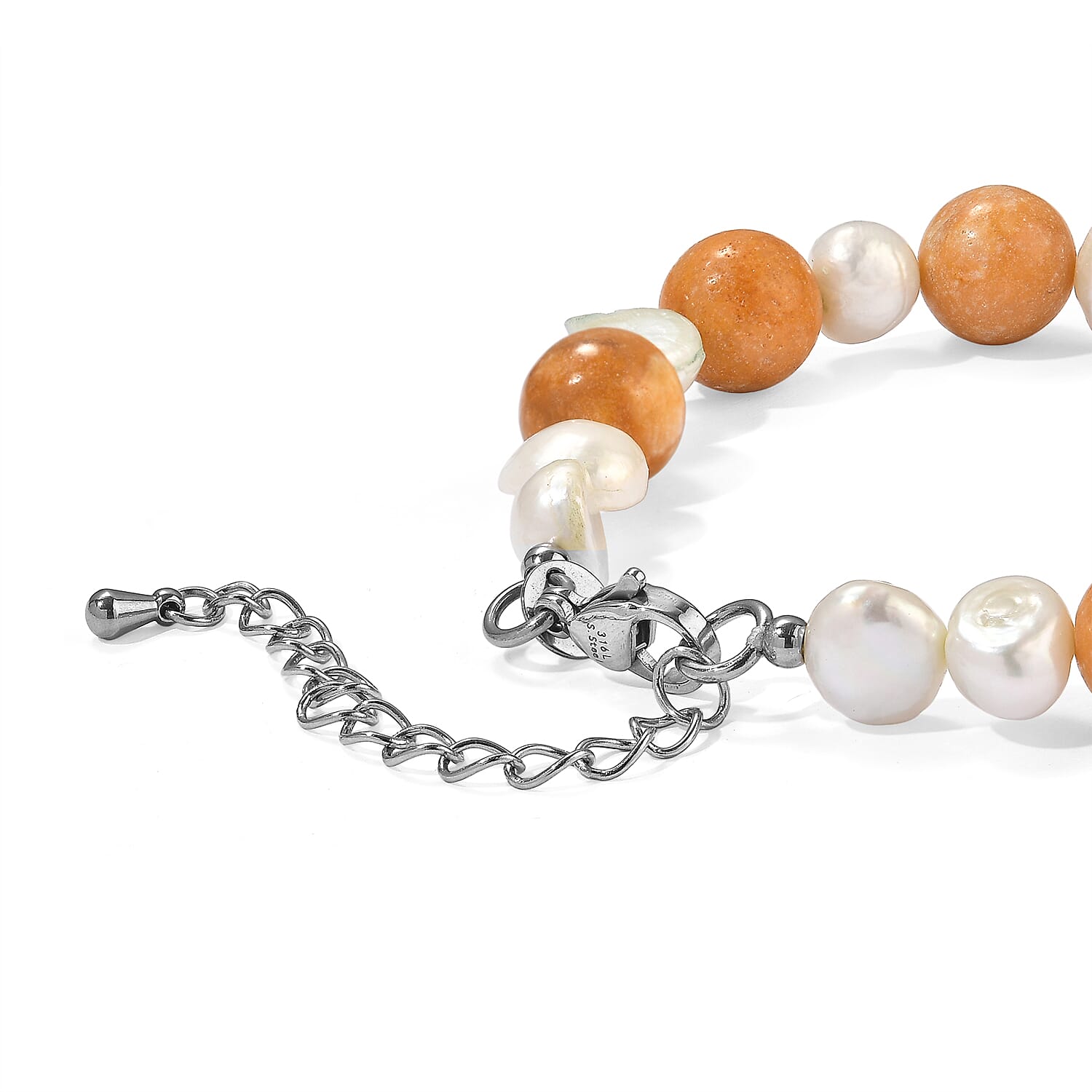 EverTrue Yellow Jasper and Gray Pearl 50.00 ctw Bracelet in Stainless Steel (7.25-9.25In)