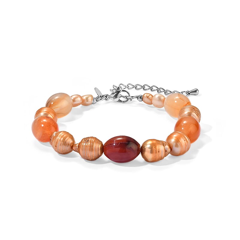 EverTrue Yellow Pearl (D) and Carnelian 30.00 ctw Bracelet in Stainless Steel (7.25-9.25In)