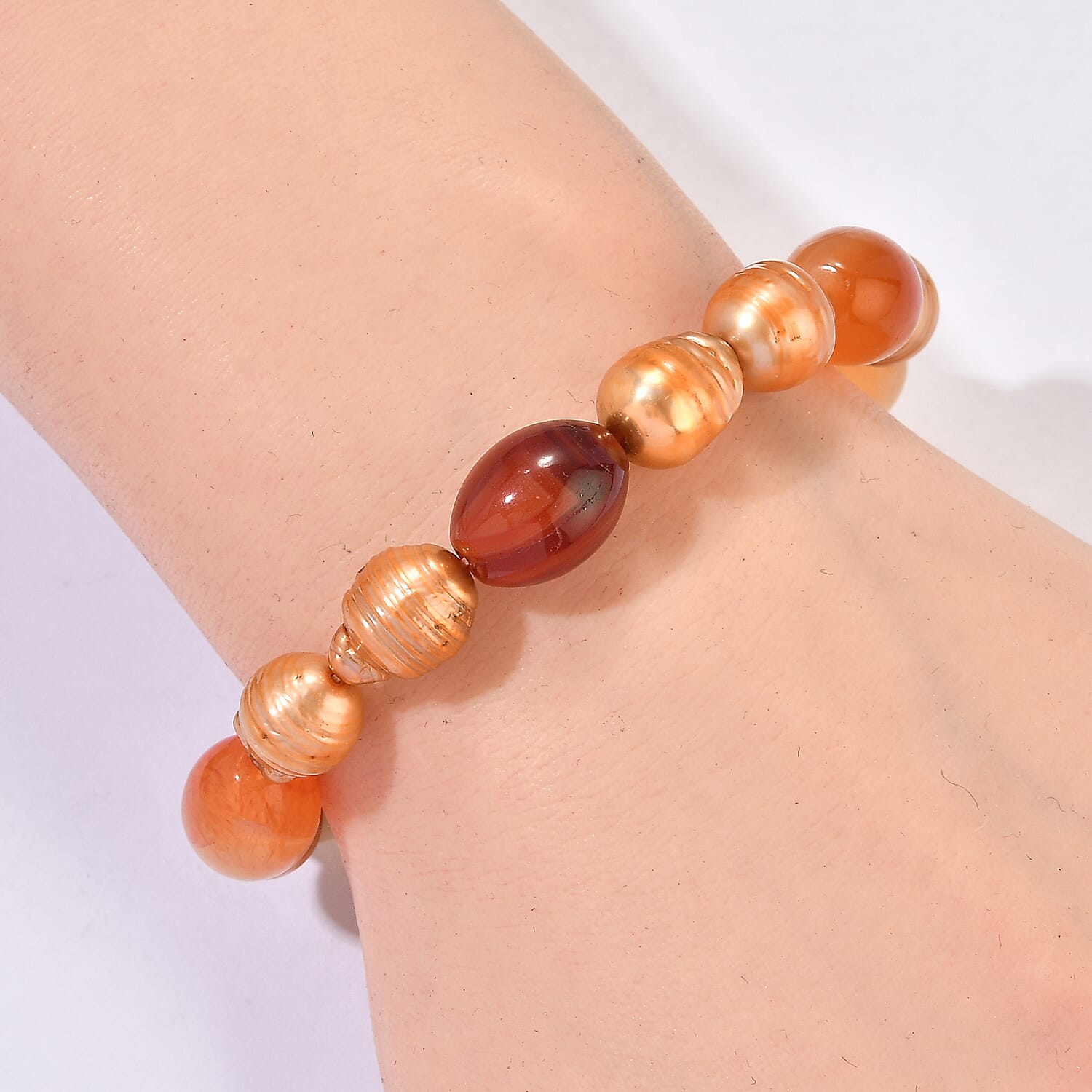 EverTrue Yellow Pearl (D) and Carnelian 30.00 ctw Bracelet in Stainless Steel (7.25-9.25In)