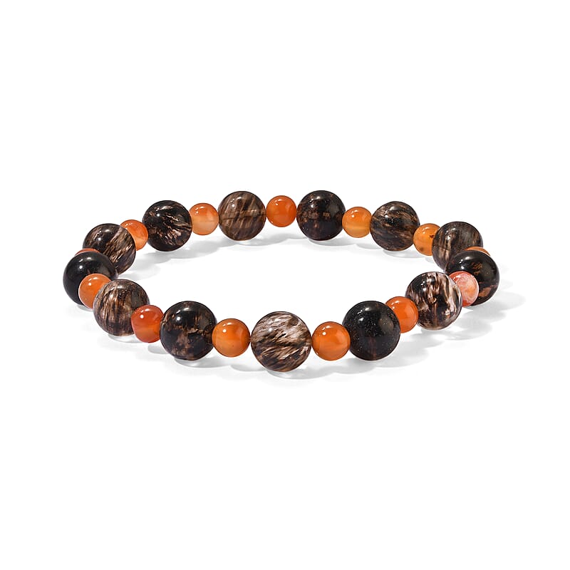 Carnelian and Salt Pepper Quartz 98.00 ctw Beaded Stretch Bracelet