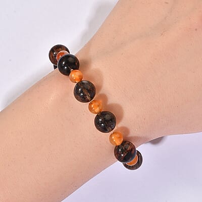 Carnelian and Salt Pepper Quartz 98.00 ctw Beaded Stretch Bracelet