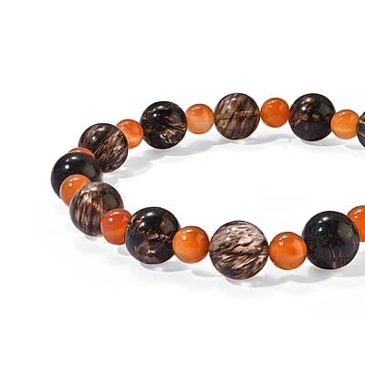 Carnelian and Salt Pepper Quartz 98.00 ctw Beaded Stretch Bracelet