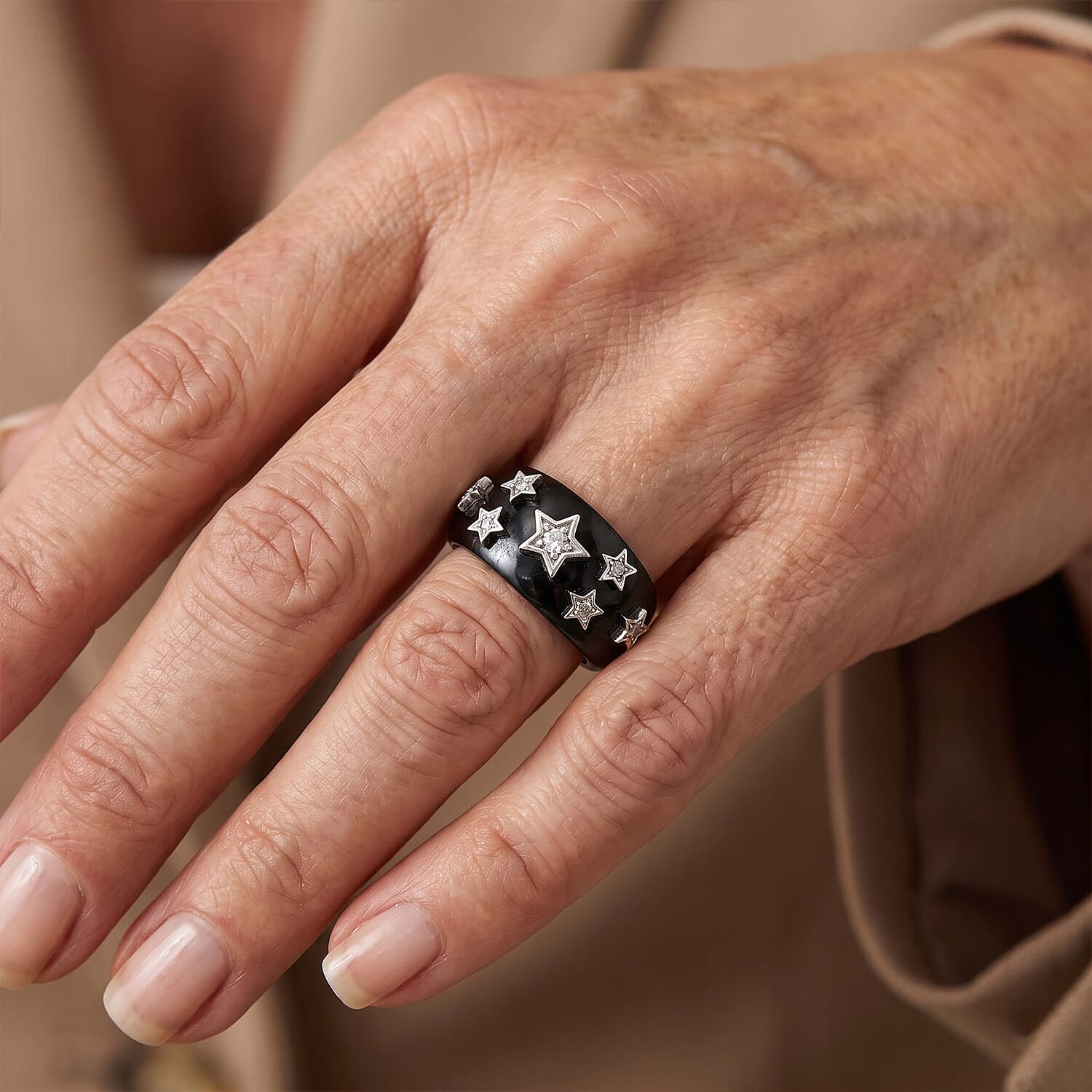 D'Joy Lab Grown Diamond G-H SI and Black Jade 33.25 ctw Ring in Rhodium Over Sterling Silver (Size 5.0)
