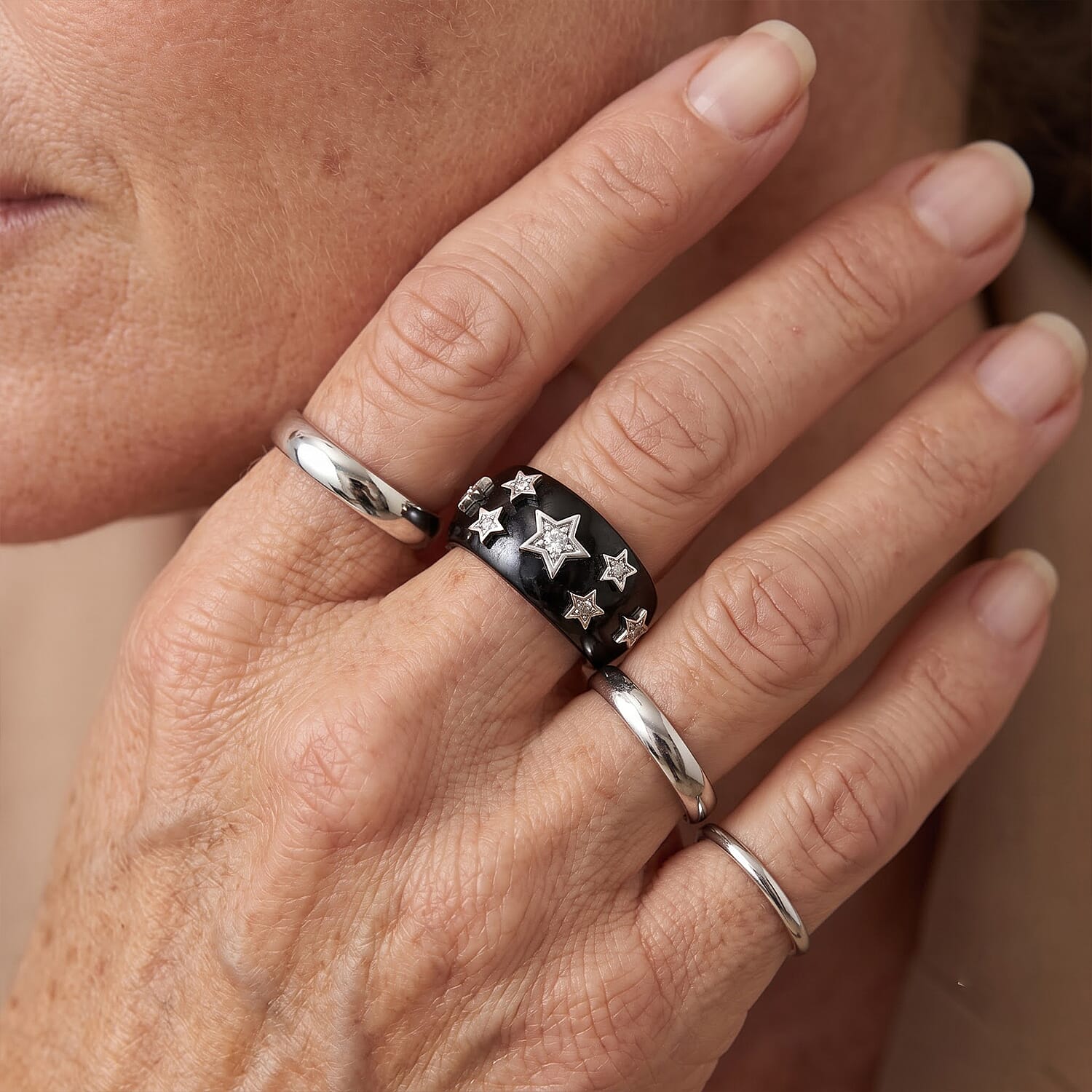 D'Joy Lab Grown Diamond G-H SI and Black Jade 33.25 ctw Ring in Rhodium Over Sterling Silver (Size 5.0)