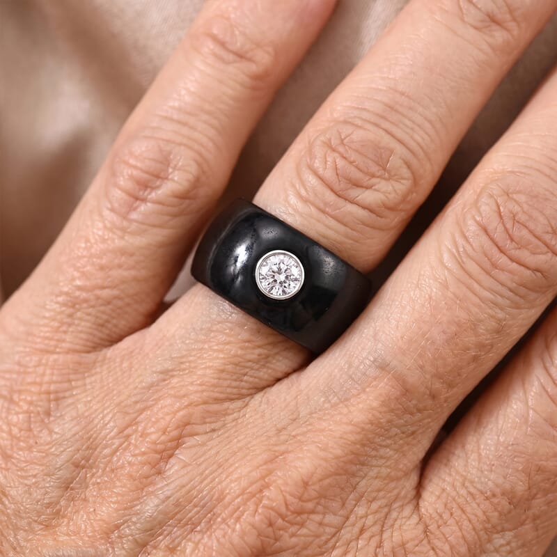 D'Joy Lab Grown Diamond G-H SI and Black Jade (D) 44.85 ctw Ring in Rhodium Over Sterling Silver (Size 5.0)