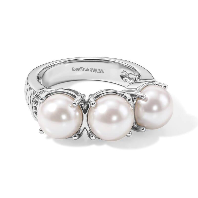 EverTrue White Freshwater Pearl 3 Stone Ring in Stainless Steel (Size 5.0)
