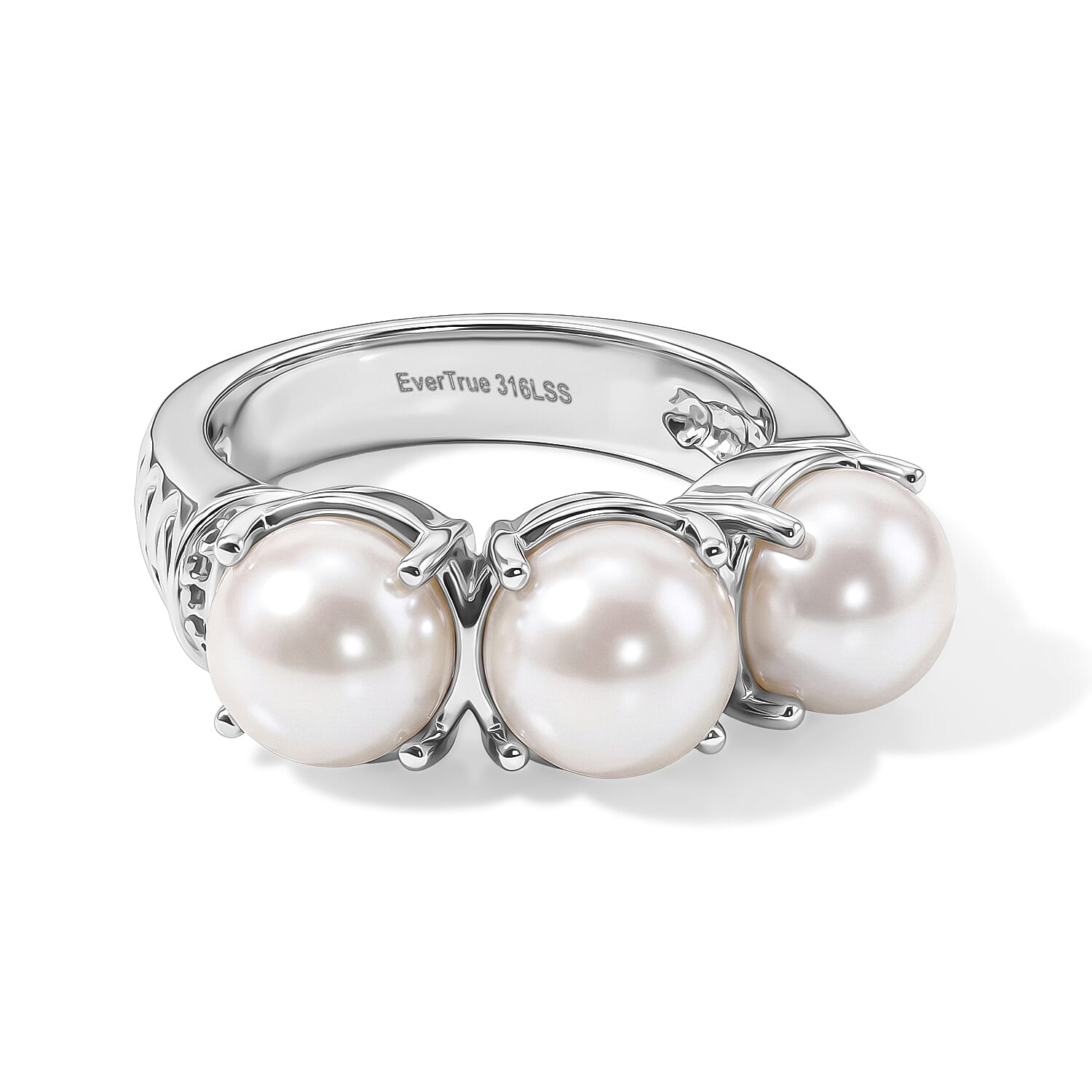 EverTrue White Freshwater Pearl 3 Stone Ring in Stainless Steel (Size 6.0)
