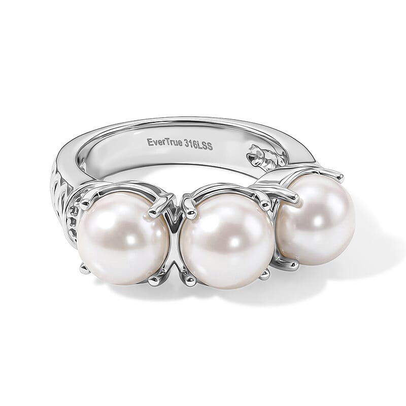 EverTrue White Freshwater Pearl 3 Stone Ring in Stainless Steel (Size 6.0)