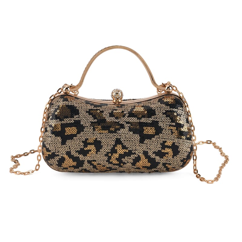 La Marey Beige Leopard Pattern Sequin Embroidered Wallet with Shoulder Strap