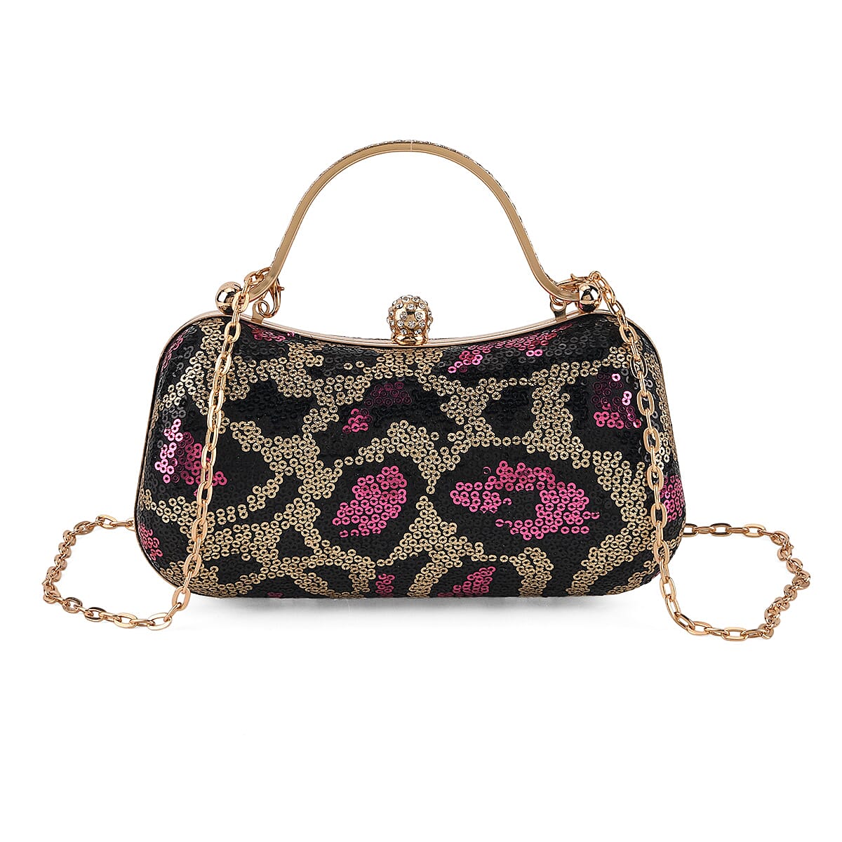 La Marey Pink Leopard Pattern Sequin Embroidered Wallet with Shoulder Strap