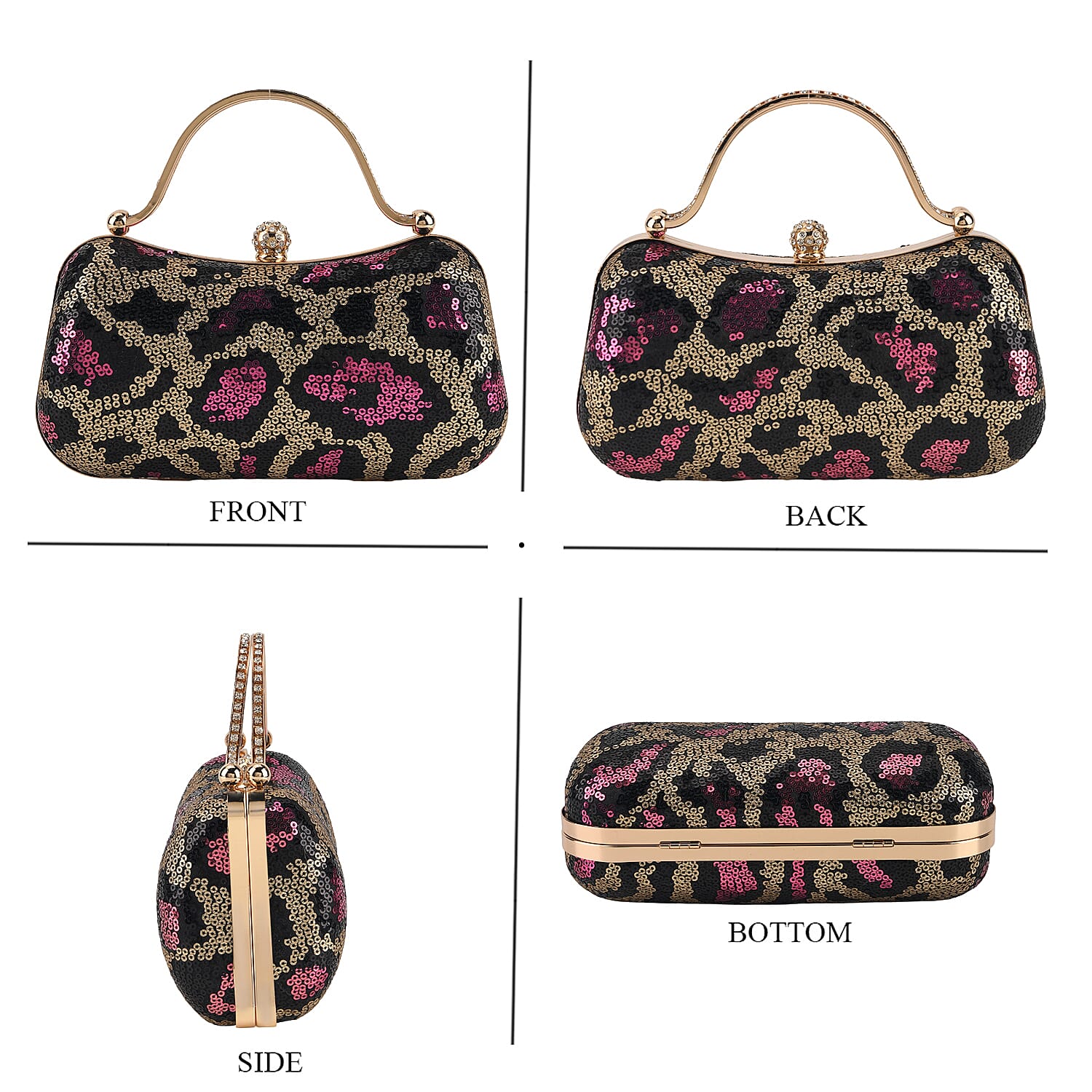 La Marey Pink Leopard Pattern Sequin Embroidered Wallet with Shoulder Strap