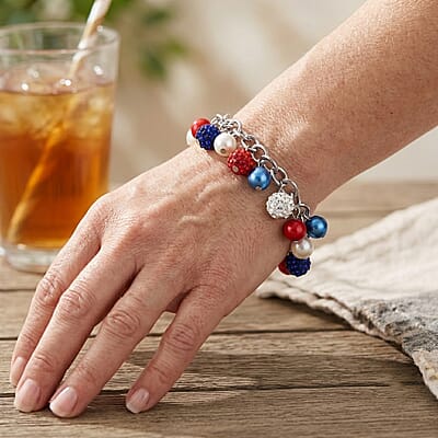 Multi Color Austrian Crystal, Multi Pearl Glass Bracelet in Silvertone (7.5-9.5In)