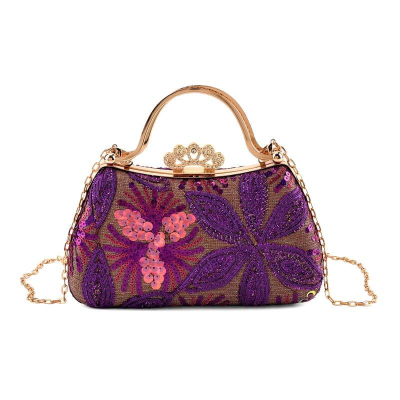 La Marey Purple Sequin Embroidered Wallet with Shoulder Strap