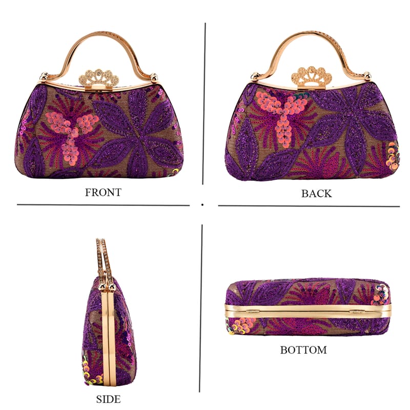 La Marey Purple Sequin Embroidered Wallet with Shoulder Strap
