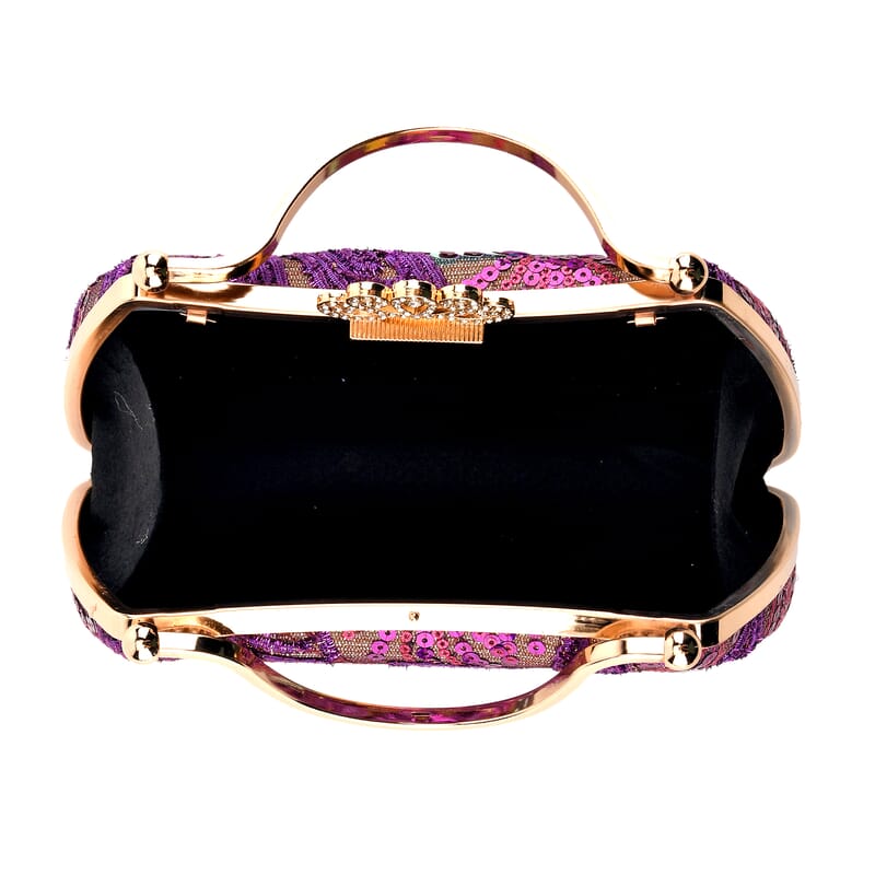 La Marey Purple Sequin Embroidered Wallet with Shoulder Strap