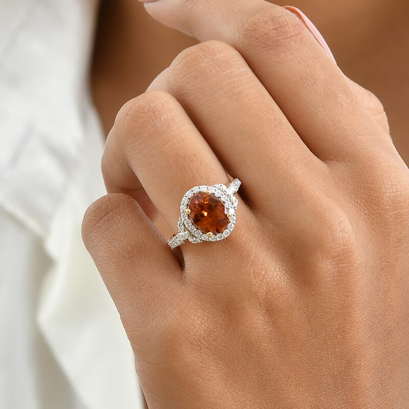 D'Joy Premium Honey Garnet and Moissanite 2.45 ctw Ring in 18K Vermeil Yellow Gold Over Sterling Silver (Size 6.0)