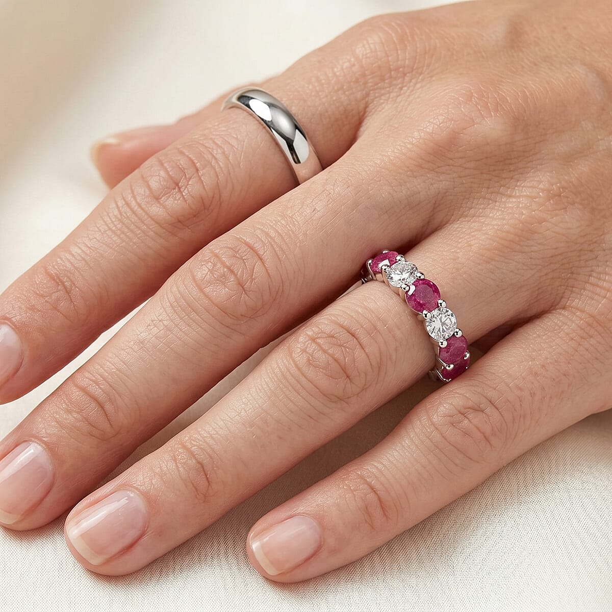Ruby and White Topaz 1.55 ctw Band Ring in Sterling Silver (Size 5.0) image number 1