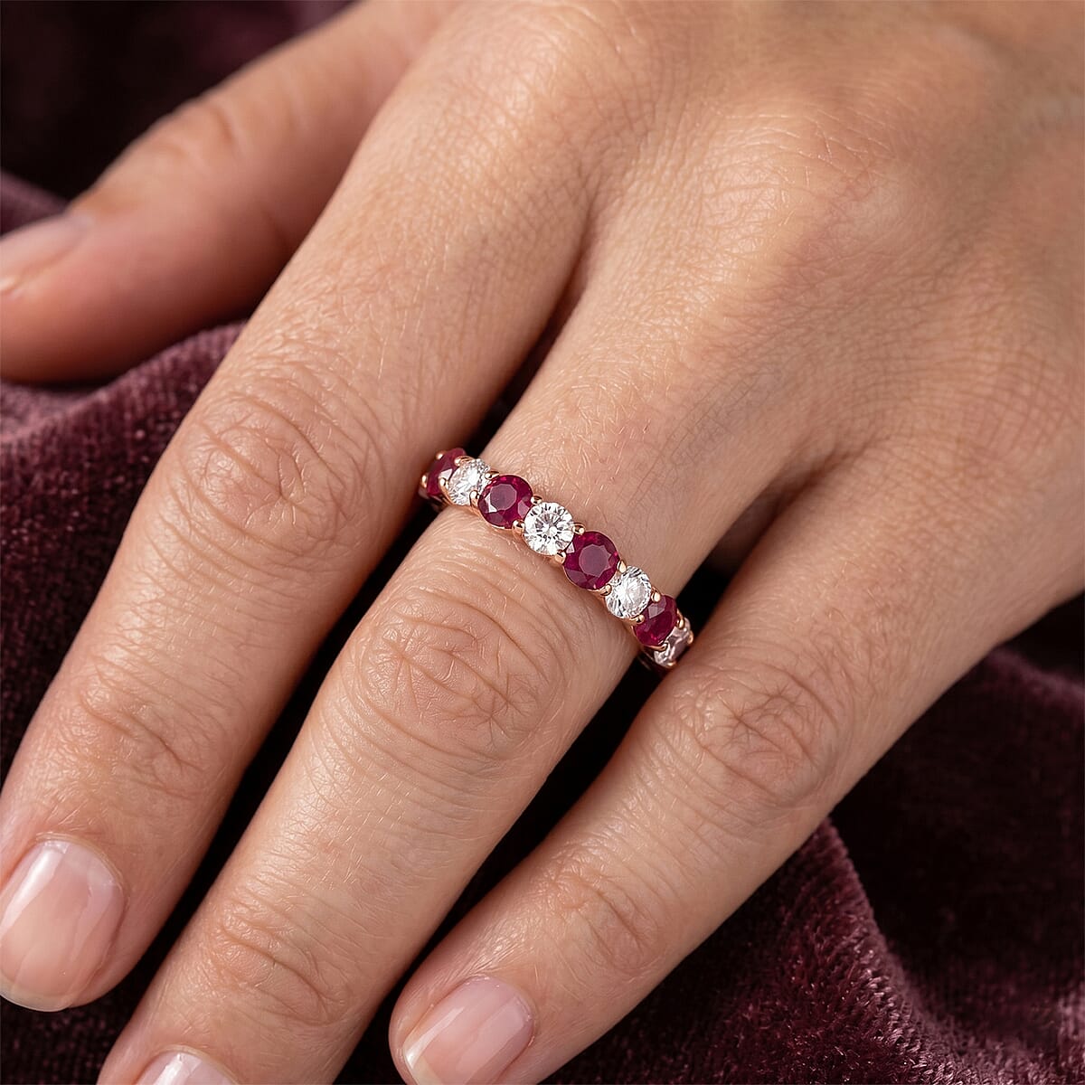 Ruby and Simulated Diamond 0.90 ctw Band Ring in 14K Rose Gold Over Sterling Silver (Size 7.5) image number 1