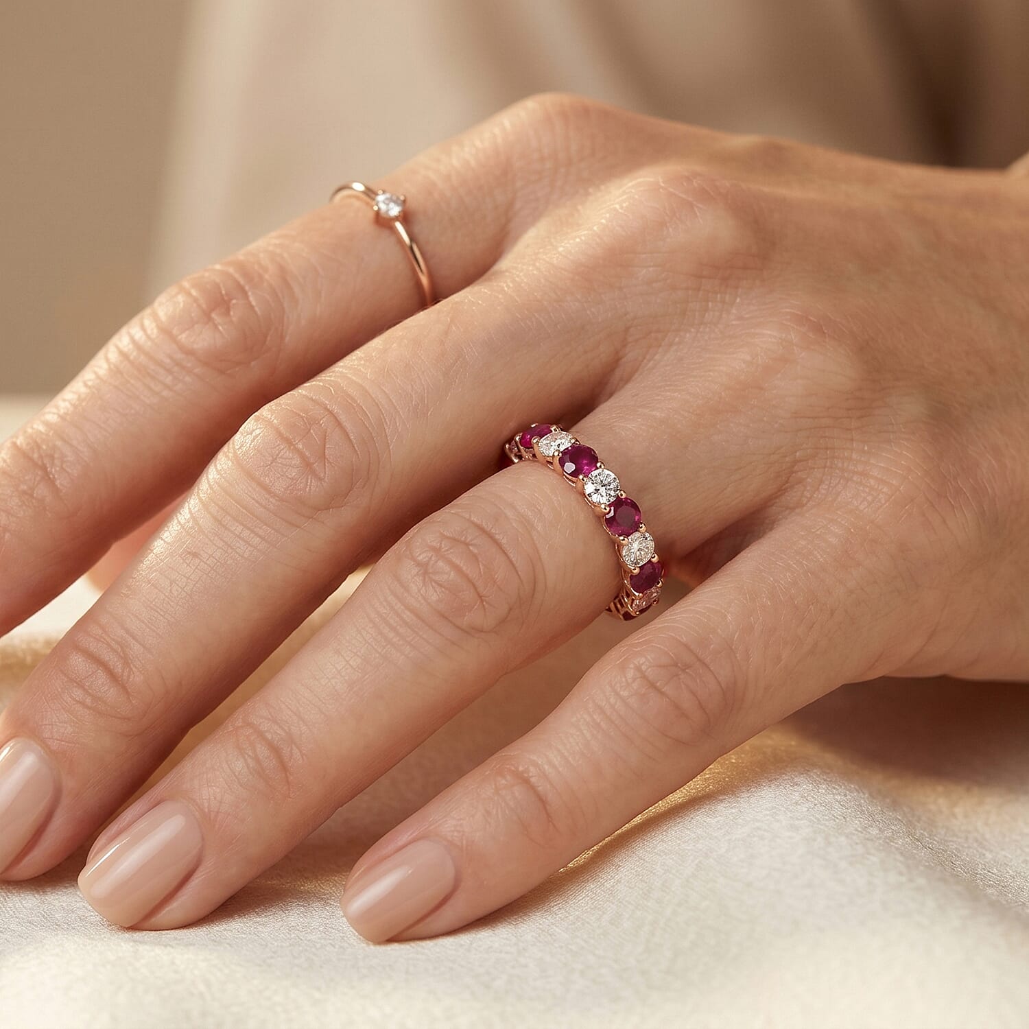 Ruby and Simulated Diamond 0.90 ctw Band Ring in 14K Rose Gold Over Sterling Silver (Size 7.5)