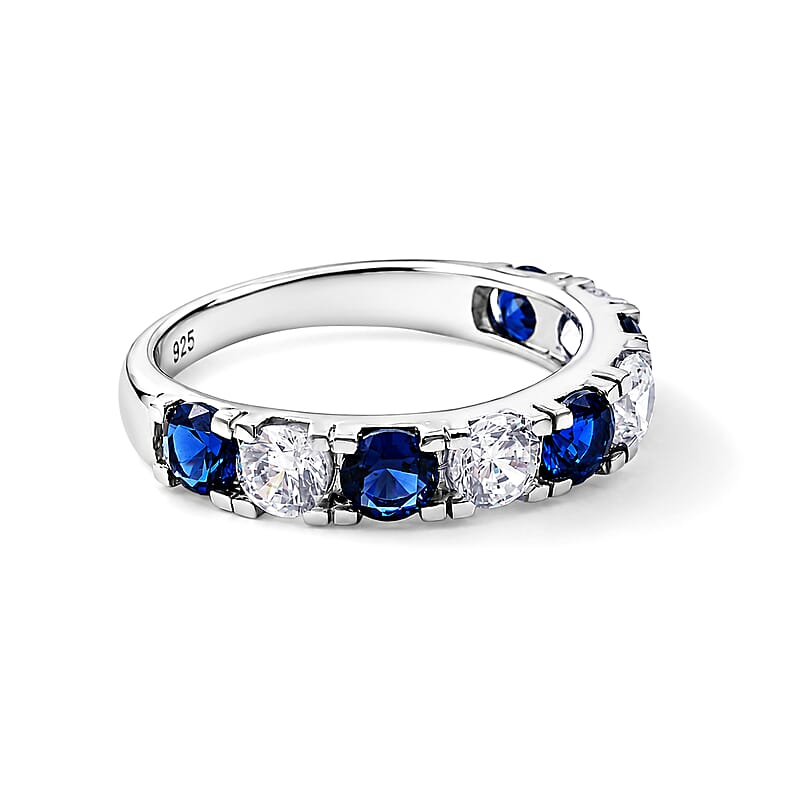Simulated Blue and White Diamond Band Ring in Sterling Silver (Size 7.0)