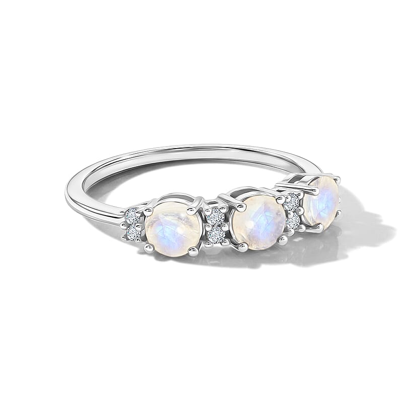 White Moonstone and Simulated Diamond 0.75 ctw Band Ring in Sterling Silver (Size 8.0)