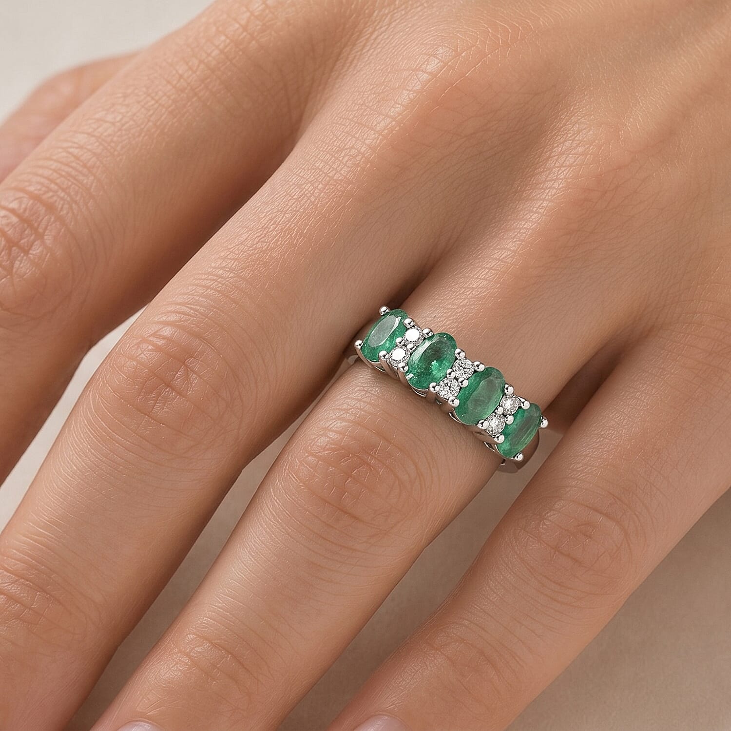 Simulated Green and White Diamond Band Ring in Sterling Silver (Size 9.0)
