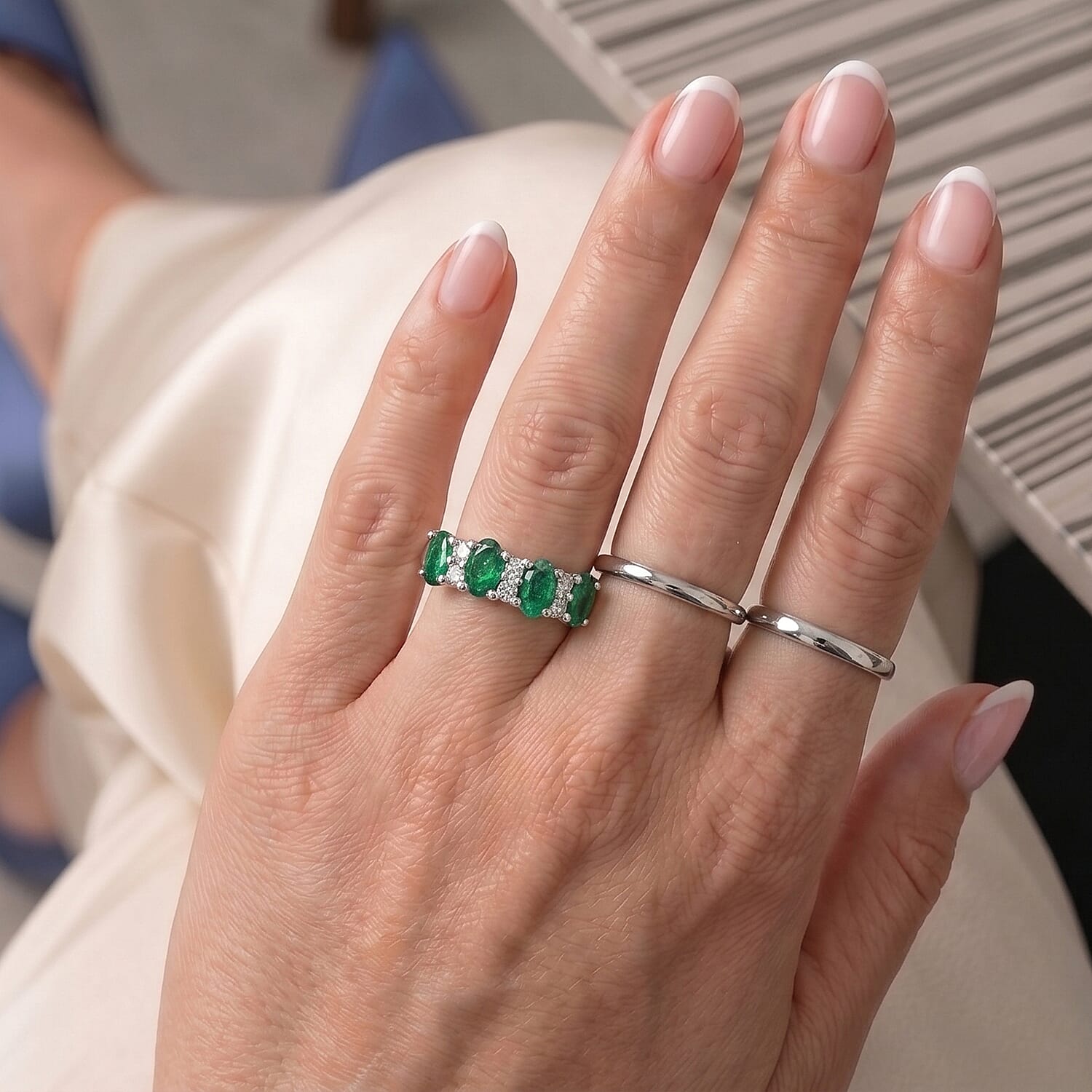 Simulated Green and White Diamond Band Ring in Sterling Silver (Size 9.0)