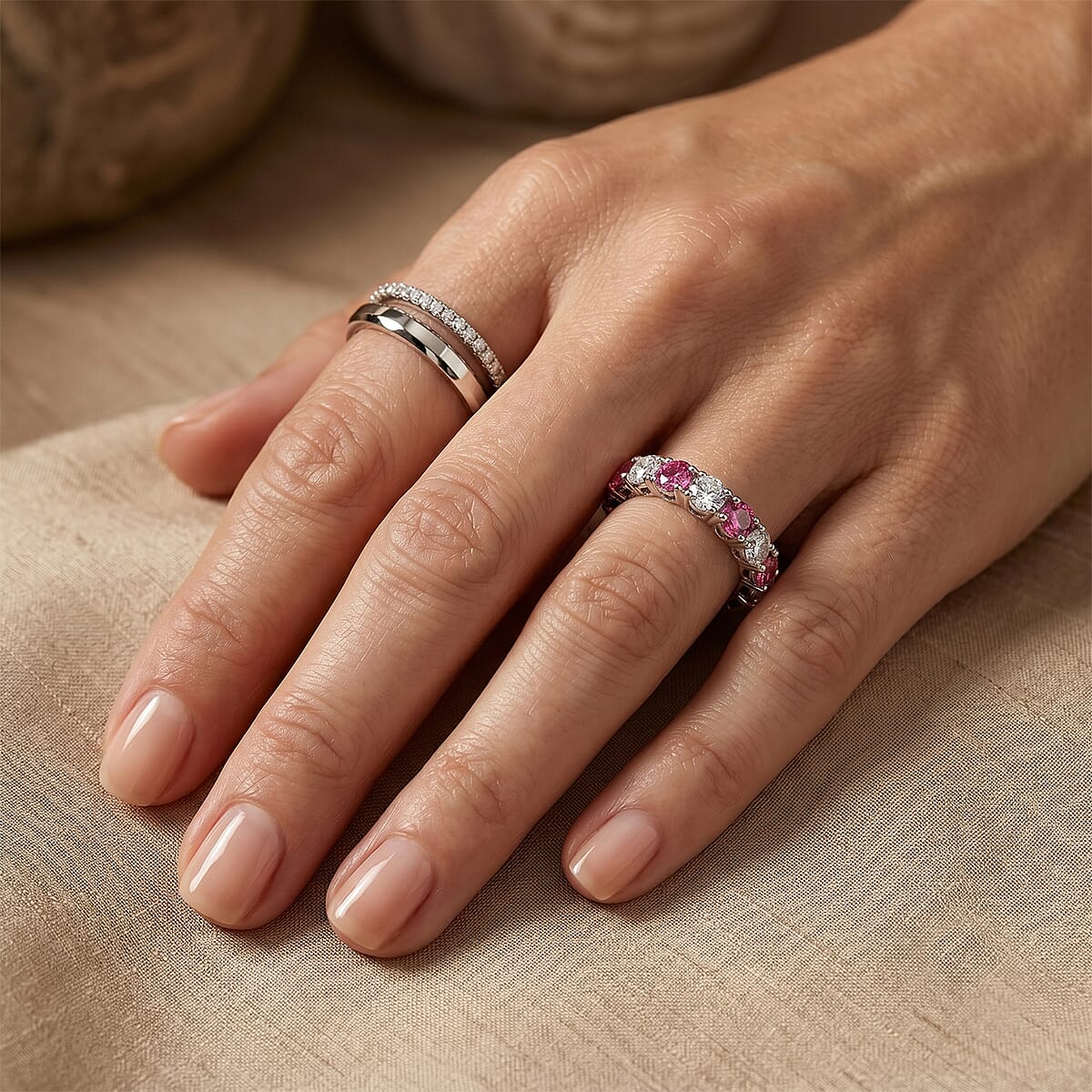 Ruby and White Topaz 1.60 ctw Band Ring in Sterling Silver (Size 7.0) image number 2