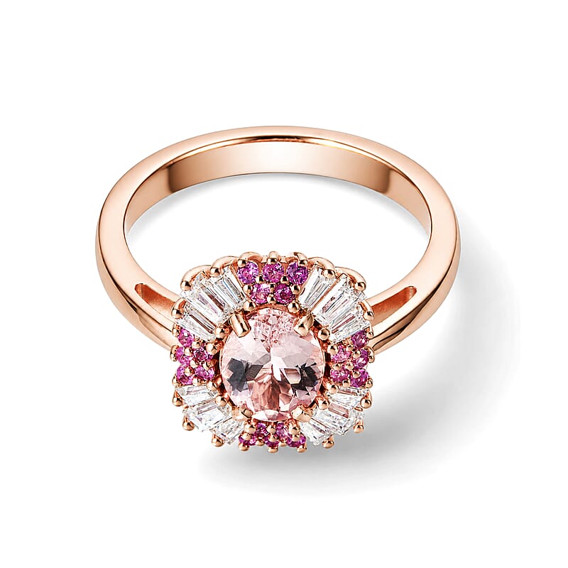D'Joy Premium Pink Morganite and Moissanite 2.10 ctw Blush Petal Spark Ring in 18K Vermeil RG Over Sterling Silver (Size 6.0)