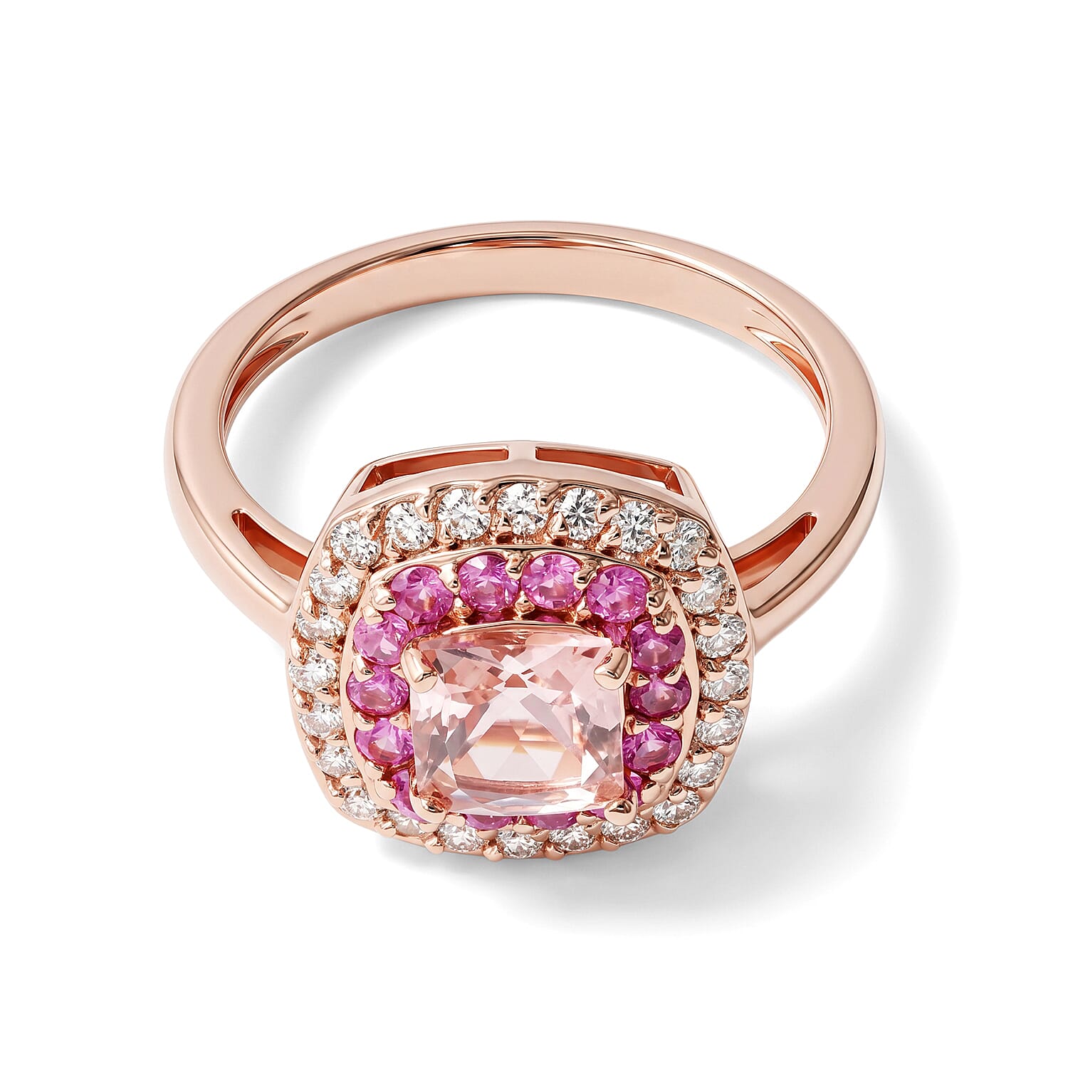 D'Joy Premium Pink Morganite and Moissanite 1.65 ctw Rose Mist Royale Ring in 18K Vermeil RG Over Sterling Silver (Size 6.0)