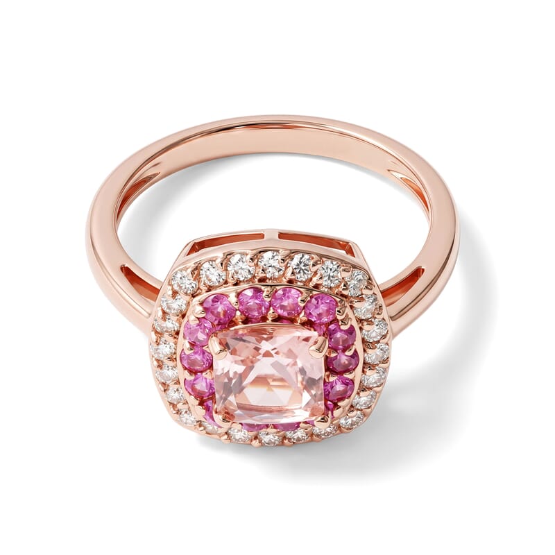 Doorbuster D'Joy Premium Pink Morganite and Moissanite 1.65 ctw Rose Mist Royale Ring in 18K Vermeil RG Over Sterling Silver (Size 6.0)