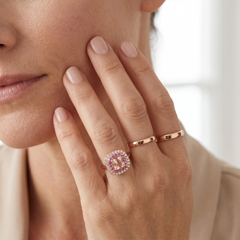 Doorbuster D'Joy Premium Pink Morganite and Moissanite 1.65 ctw Rose Mist Royale Ring in 18K Vermeil RG Over Sterling Silver (Size 6.0)