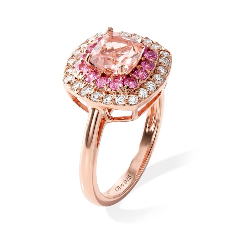 Doorbuster D'Joy Premium Pink Morganite and Moissanite 1.65 ctw Rose Mist Royale Ring in 18K Vermeil RG Over Sterling Silver (Size 6.0)