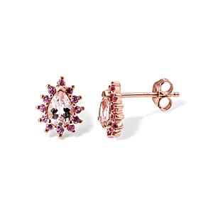 D'Joy Premium Pink Morganite and Pink Sapphire 1.60 ctw Stud Earrings in 18K Vermeil RG Over Sterling Silver