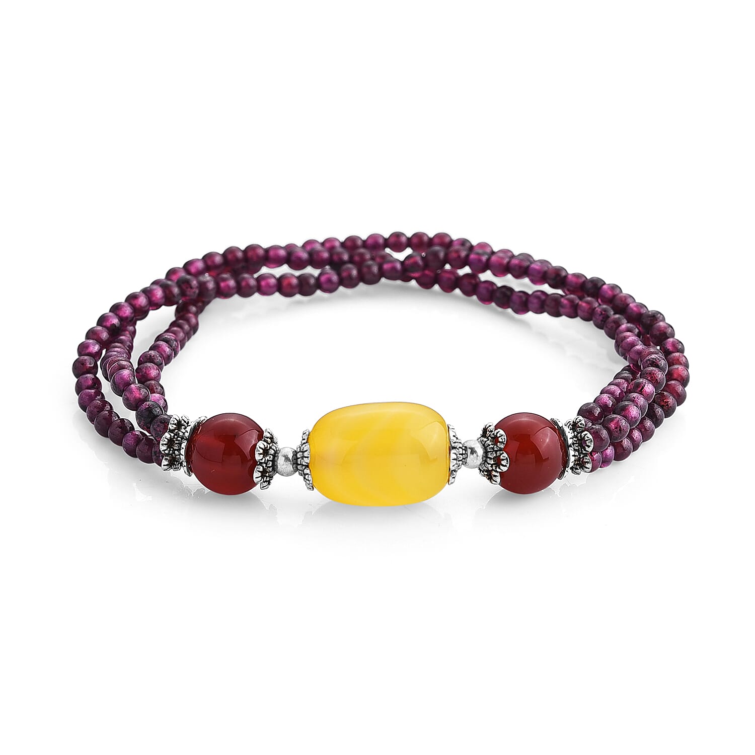 Agate and Red Garnet 40.00 ctw Beaded Cotton Cord Bracelet in Silvertone (Adjustable)