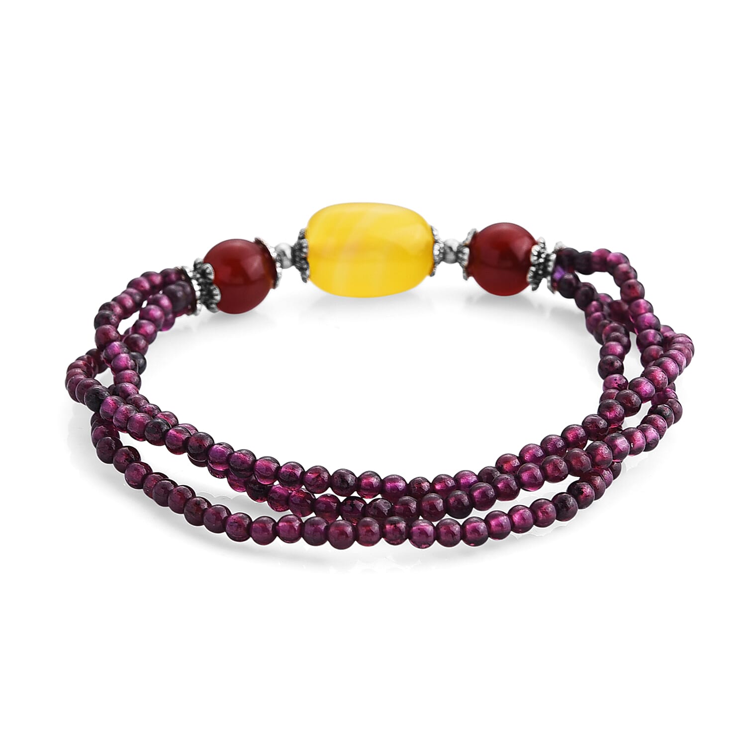 Agate and Red Garnet 40.00 ctw Beaded Cotton Cord Bracelet in Silvertone (Adjustable)